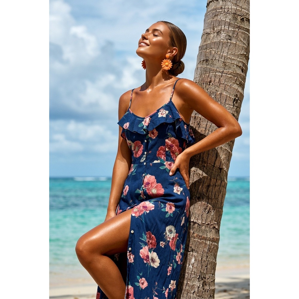 Altar'd State Navy Blue Floral Ruffle Maxi Dress Button Front Med Boho Cottage